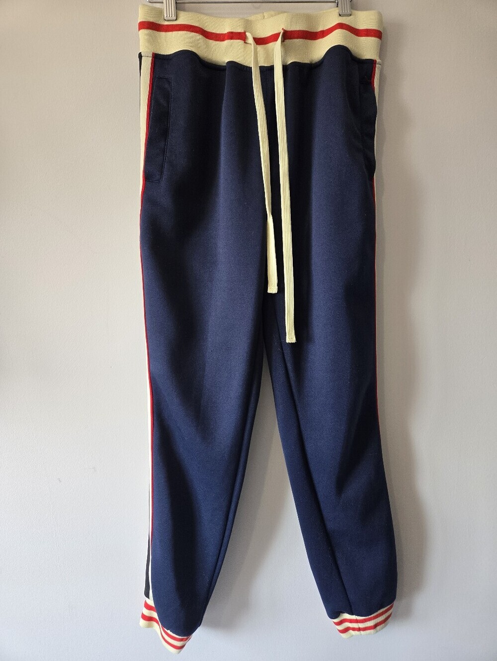 Milk Run Ankle Navy Track Pants with Cream Waistband and Red Trim. Size Small